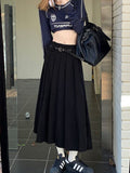 Yipinpay Korean Vintage Pleated Skirt Long Women Autumn Low Rise Preppy Style Casual A-Line Midi Skirt for Girls 90s Streetwear