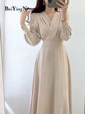 Yipinpay Women V-neck High Waist Dress Solid Elegant Luxury Long Midi A Line Dress Female Kpop Style Retro Ladies Vestidos