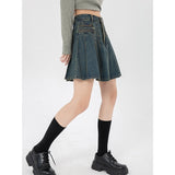 yipinpay Women's Vintage Blue Denim Half Body Skirt Zipper Pleated High Waist Casual Fashion Baggy A-Line Jean Short Skirt Ladies Summer