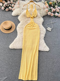 Yipinpay Spaghetti Strap Knitted Beach Long Dress Summer Vintage Hollow Out Sheath Sundress 2024 Elastic Backless Sexy Dress