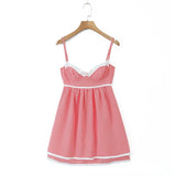 Yipinpay 2024 Women Lace Spliced Plaid Sling Mini Dress Sexy Sleeveless Back Lacing Up Ladies Party Skater Robe Summer Dresses