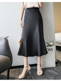 Yipinpay Women's Summer Skirt Black A-line Silk Satin Skirts Beautiful Elegant Midi High-waisted Long Skirts Woman Skirts  Black Skirt 0406