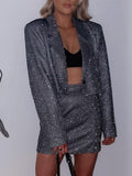 yipinpay Blazer Dress Set Long Sleeve Cropped Blazer Bling Mini Skirt Suits Party Club Outfits Streetwear Black Two Piece Set