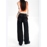 yipinpay Women Black Jeans Embroidery Low Waist Baggy Straight High Street American Autumn New Fashion Vintage Wide Leg Denim Trouser