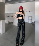 Yipinpay Waist Straight Loose Casual Wide Leg Black Leather Pants Trousers Y2k Pant Pantalones De Mujer PU Streetwear Sexy 2023 Fall