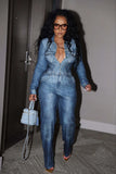 Yipinpay Blue Imitation Denim Jumpsuit Autumn Winter Women's Casual Commute Solid Color Straight Leg Jumpsuit Urban Style