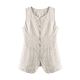 Yipinpay Linen Stripe Vests Women's 2024 Elegant O-neck Sleeveless Waistcoat Female Casual Single Breasted Pockets Lady Chic Tops