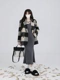 Yipinpay Spirng Plaid Woolen Coat Women Korean Fashion Y2k Long Coat Jacket Office Lady Casual Elegant Clothing Coat Warm Design
