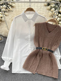 Yipinpay Office Lady Knitted Sweater Warm Thick Knit Vest+Single Breasted Lantern Sleeve Blouse 2024 Women Pullover Shirt Suits