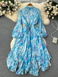 Yipinpay France Retro Loose Dress Floral Long Lantern Sleeves Beading Irregular Ruffles Elastic Lace Up Women Vintage Dress
