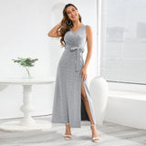 Yipinpay Summer Sleeveless V-neck Large Size Slim Temperament Shiny Dress Banquet Party Slit Long Dress