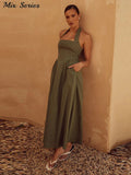 Yipinpay Halter Spaghetti Strap Dress Women Solid Backless Zip Midi Dresses 2024 Spring Summer Female Casual Streetwear Vestido