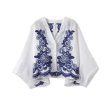 Yipinpay Flower Embroidered Shirts For Women 2024 Summer Loose Batwing Sleeve Blouse Female Holiday Street Lady Chic Beach Tops