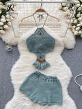 Yipinpay Bohemian Knit Two Pieces Suits Women Lace Up Halter Tassel Backless Tops+Hook Flower Hollow Out Shorts Sexy Beach Sets
