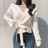 Yipinpay Waist Bandage Sweaters Chic Cross V Neck Argyle Pullovers Sweater Lazy Wild Black Twist Knitted Sweater Top Clothes Women