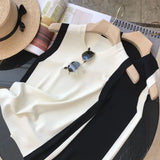 Yipinpay Silk Black White Contrast Sleeveless Knitted Tank Top Wild V Neck Vest Tops & Tees Women's Clothing Casual Camis Vest