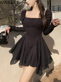 Yipinpay Y2k Mini Dresses Woman Pure Color Long Sleeve Dress Casual Elegant One Piece Dress Korean Fashion 2023 Spring Slim Design