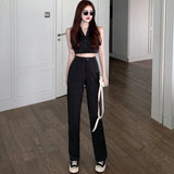 Yipinpay Striped Tailored Trousers Wide Leg Pant Suits Lapel Sleeveless Black Blazer Vest Thin Jacket Office Lady Sexy Casual Sets