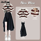 Yipinpay Women's Summer Fashion Stripe Short Sleeve Top+Strap Skirt Two Piece Korean Elegant Blouse Dress Suit 2024 New Matching Set