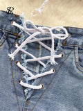 Yipinpay High Quality Denim Sets Fashion Sleeveless Backless Halter Short Tank+Cross Lace up Sensual Shorts Women Sexy Suits