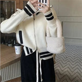 Yipinpay Winter New Lapel Contrast Color Zipper Sweater Jacket Women's Design Sense Niche Loose Turtleneck Knitted Cardigan Top