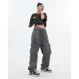 yipinpay Women's Vintage Grey Cargo Jeans Big Pocket High Waist Stretchy Baggy Wide Leg Pants Casual Fashion Denim Trouser Ladies Summer