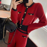 Yipinpay White Wide Leg Pants Suits Vintage Fall O Neck Red Cardigan Knitwear Sweaters Korean Fashion Two Piece Sets Coat