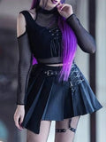 Yipinpay Gothic Mesh T-shirt Women Vintage Streetwear Punk Aesthetic Lace Up Patchwork Tee Tops Y2k Open Shoulder Emo Alt Clothes