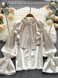 Yipinpay High Quality Satin Loose Shirt Long Flared Sleeves Ruffles O Neck Beading Women Gentle Office Lady Casual Blouse