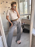 Yipinpay Classic Grey Pleated Pants Woman 2023 Vintage Outfit Spring Baggy Pants Office Trousers Pocket Wide Leg Pants Ladies