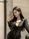 Yipinpay Sexy Shirts Women Black Satin Patchwork Mesh See Through V Neck Long Sleeve Slim Fashion Blouse Ladies Party Tops