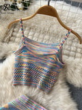 Yipinpay Sexy Hollow Out Rainbow Set Knitted Mini Camis Hight Waist Knit Mid Dress Women Streetwear Fashion Two Pieces Suits
