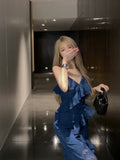 Yipinpay Dresses Women Sexy Elegant French Style Chic Ruffles Slim Sleeveless V Neck Party Dress Ladies Temperament Fashion