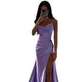 Yipinpay Satin Backless Side Split Maxi Dress Women 2024 Summer Sexy Slim Off Shoulder Ruched Bodycon Female Party Evening Dresses