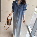 Yipinpay Collar Button Denim Dress Shirt Maxi Long Sleeve Vestido De Mujer Vintage Casual Fall Spring Korean Femme Robe Chic