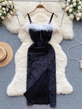 Yipinpay Strap Plush Velvet Long Dress Autumn Inside Elastic Ruched Slim Backless Christmas Cosplay Sexy Dress