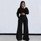 Yipinpay Fashion Women's Two-Piece Long Sleeve Short Top And Wide Leg Pantsuit Spring Solid Color Comfortable Ladies 2-Piece Set