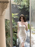 Yipinpay Summer New Elegant Dresses Women French Style Sexy Swinging Collar Satin Sleeveless Slim White Dress Ladies Stylish