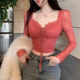 Yipinpay Sweet Girl Red Lace T-shirt for Women's Autumn and Winter Slim Fit Long-sleeved Square Collar Top Fashion Female Clothes