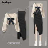 Yipinpay Women's Spring Autumn New Knitted Sweaters Two Piece 2024 Korean Elegant Bow Cardigan Strap Skirt Matching Set Female Clothing