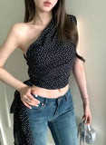 Yipinpay Sexy Camis Women Diagonal Collar Polka Dot Ribbon Bandage Summer Fashion Slim Crop Tank Tops Elegant Female Casual