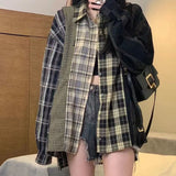 Yipinpay Vintage Patchwork Plaid Shirt Women Cardigan Top Grunge Korean Style Long Sleeve Loose Button Up Shirt Casual Streetwear