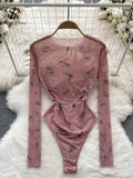 Yipinpay Autumn Sexy Mesh Jumpsuits Perspective Thin Long Sleeve Bodycon Inside Wear 2024 Fashion Print Women Rompsutis
