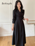 yipinpay Elegant Luxury Long Suit Dresses for Women Solid Korean Chic French Trendy Full Sleeve Midi Dress Turndown Collar Robe