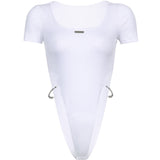 Yipinpay Women Summer Bodysuit, Round Neck Short Sleeve Chains Decorative High Waist Rompers for Girls, White