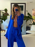 Yipinpay Satin Long Sleeve Lady Blouse Outfit 2023 Casual Loose Button Up Straight Pant 2 Piece Set Women Chic Solid Homewear Set