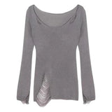 Yipinpay Korean Style Long-sleeved Ripped Thin Knitted Sunscreen Blouse T-shirt Tops With Small Tube Top Fashion Women's Clothing