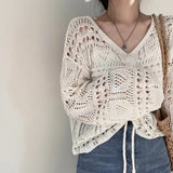 Yipinpay Women Spring College Cropped Lace Up Chic Khaki Pure Hollow Out Knitwear All-match Trendy Mujer Simple Aesthetic White