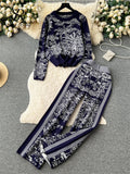 Yipinpay Winter Print Sweater Two Pieces Suits Loose Warm Pullovers+Wide Legs Long Pants Streetwear Vintage Casual Knitted Sets
