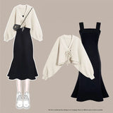Yipinpay Women's Autumn Winter Fashion Knitted Sweater Coat+Strap Dress Two Piece Korean Elegant Short Cardigan Midi Skirt Matching Set